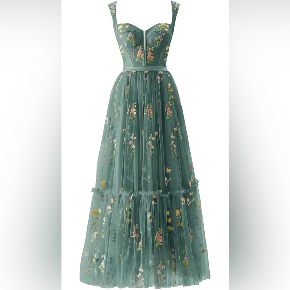 Floral Embroidered Green Maxi Dress